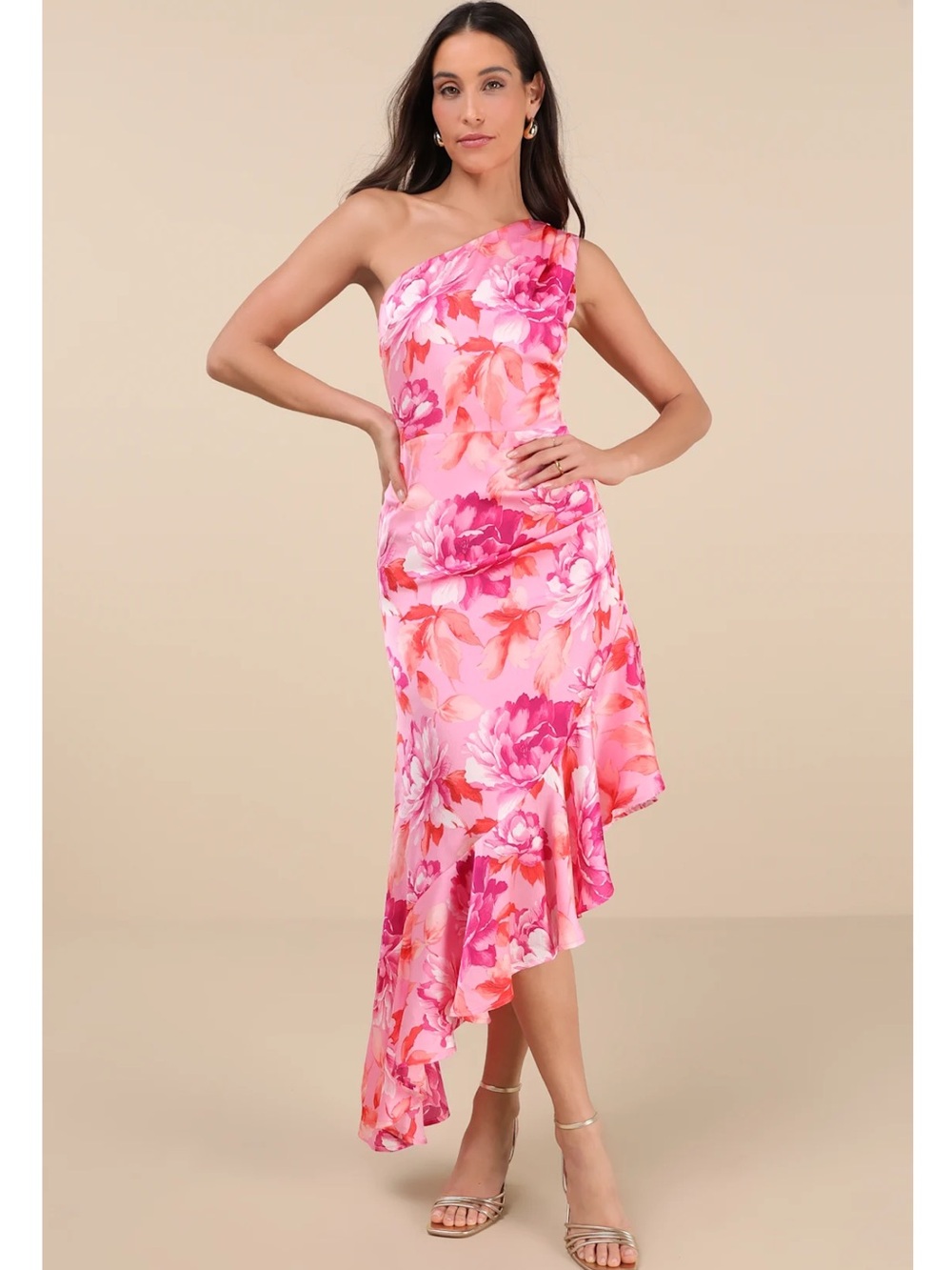 Lulus Divinely Blooming Pink Multi Floral One-Shoulder Ruffle Midi Dress Medium